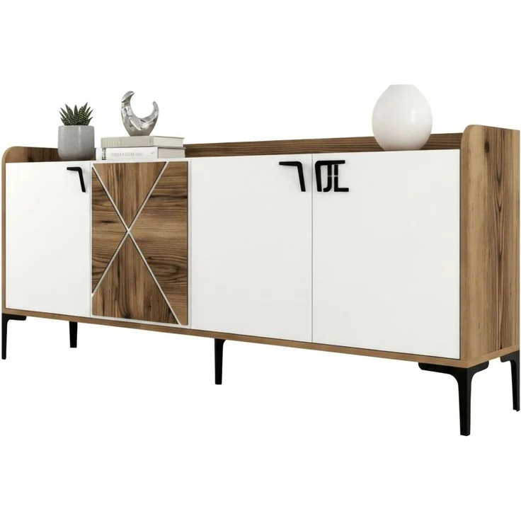 Dmora - Konsolentisch Deneb, Wohnzimmer-Sideboard, niedriger TV-Schrank, ausgestatteter Wandsockel, 180 x 35 h78 cm, Walnuss und Weiß