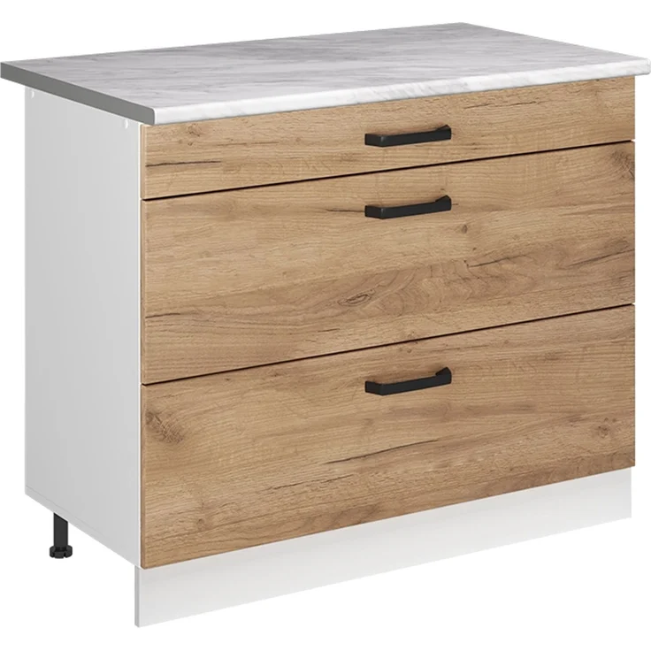 Küchenunterschrank R-Line Goldkraft Eiche/Weiß 100 cm Arbeitsplatte Marmor Vicco – Bild 1