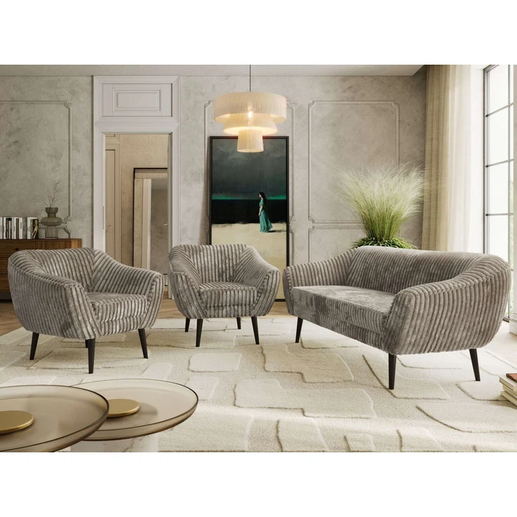 Wohnzimmerset PIRS 1-1-3, Skandinavisches 3-Sitzer Sofa mit Sesseln, Sofa mit Wellenfederung, schwarze Füße, Skandinavisches Möbelset - Hellbraun Cord – Bild 1