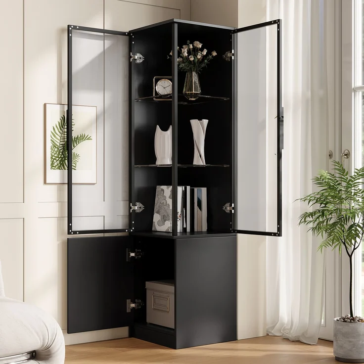 Flieks Eckschrank 40 x 40 x 160 cm, Vitrine mit gehärteten Glastüren, Aluminiumrahmen, LED-App-Steuerung, Schwarz – Bild 3