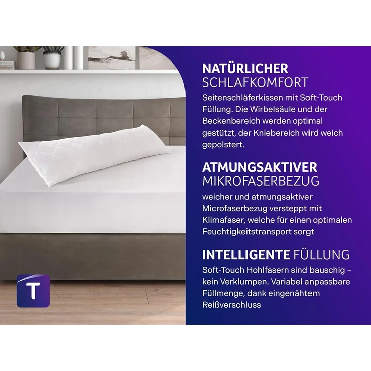 Traumnacht Seitenschläferkissen aus softer Microfaser, 2. 000 Gramm Füllgewicht mit Reißverschluss, 40x200 cm, waschbar, Öko-Tex zertifiziert, entwickelt in Deutschland – Bild 2