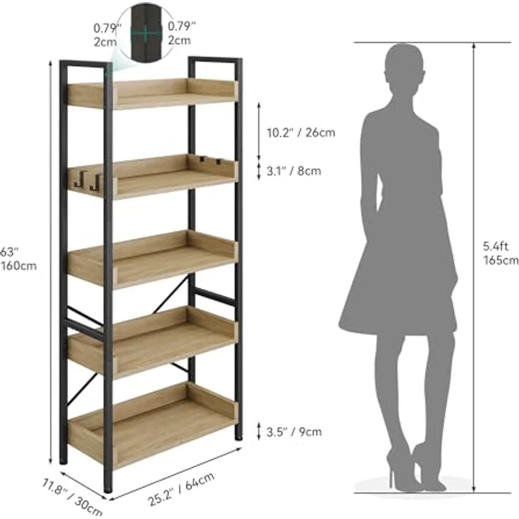 YITAHOME Bücherregal mit 5 Ebenen, hohes, schmales dünnes Holzregale, Holzregal, industrielle Aufbewahrungseinheit für Wohnzimmer, Home Office – Eichenfarbe – Bild 3