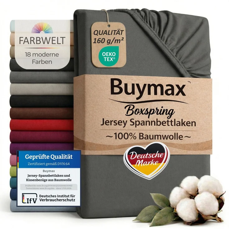 Buymax Spannbettlaken Boxspringbett 180x200-200x220 cm, 100% Baumwolle Jersey, 160 g/m², Oeko-TEX, für hohe Matratzen, Anthrazit
