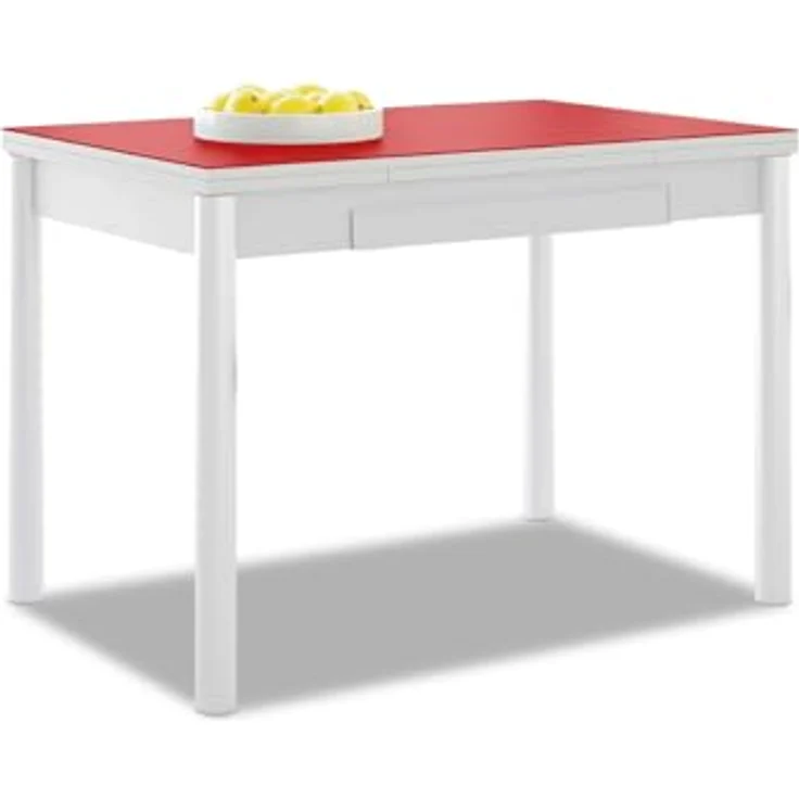 ASTIMESA Ausziehbarer Küchentisch, weißes Gestell mit Glasplatte, rot, ideal für kleine Räume, 90 x 50 cm, ausziehbar 140 x 50 cm – Bild 1