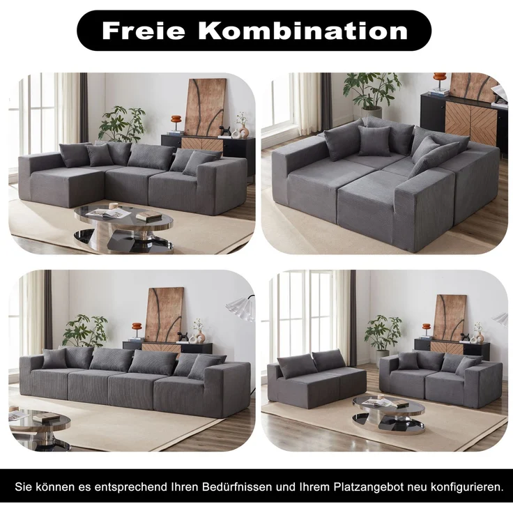 Modulares Ecksofa 264 x 167 x 71 cm in Grau – L-Form mit Cordbezug, 4-teilig – Bild 7