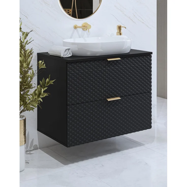 Badplaats Waschbeckenunterschrank Borneo 80 x 49 x 63 cm – Matt Schwarz – Hängender Waschtischunterschrank mit 2 Schubladen – Bild 6