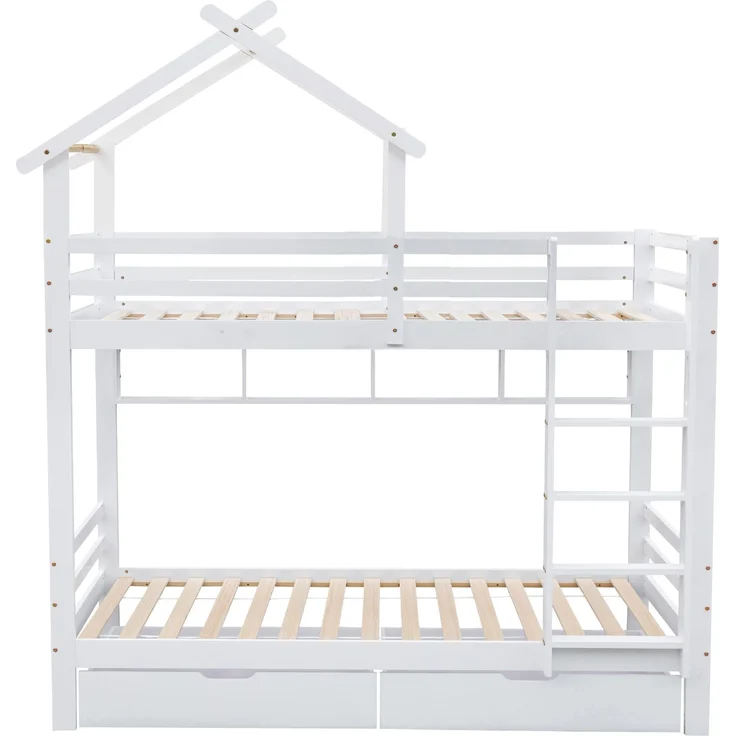 Merax Etagenbett mit Schubladen und Regalen, Hausbett mit dreistufige rechtwinklige Leiter, Kinderbett mit Fallschutz und Gitter, Rahmen aus Kieferholz, Weiß (90x200cm) – Bild 10