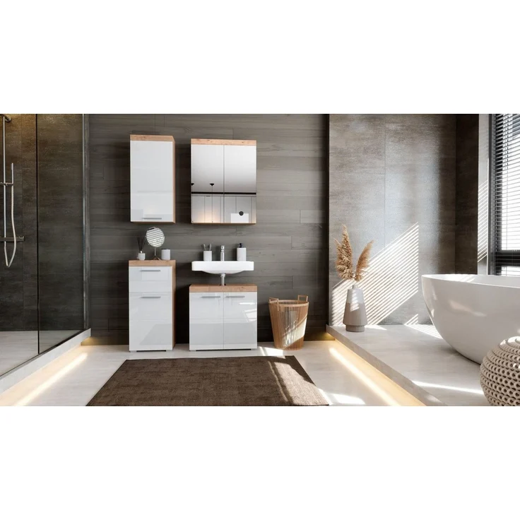 Newroom Kommode Wildeiche 37 cm, Wildeiche Weiß Hochglanz Kommode Badezimmer Schrank mit viel Stauraum – Bild 3