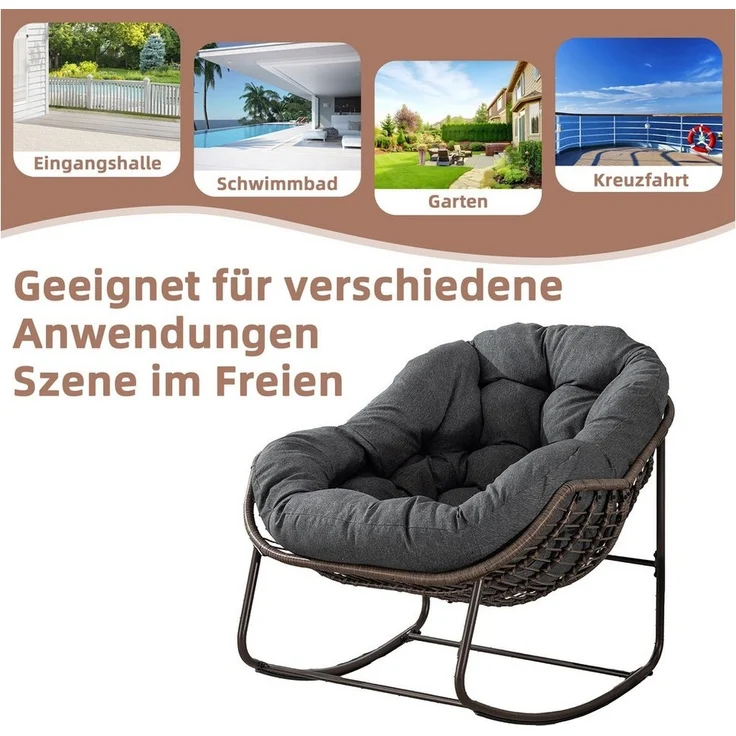 LVHOM Schaukelstuhl mit gepolstertem Kissen, Rattanstuhl mit Stahlrahmen, Lounge Sessel (Großformat B110.5cm x T94.5cm x H80cm,Dicke Kissen,160kg Tragfähigkeit, MEHRE FARBEN MEHRE OPTIONEN! Schaukelsessel umhüllendem Sitzgefühl & hoher Armlehne, 1 St),... – Bild 3