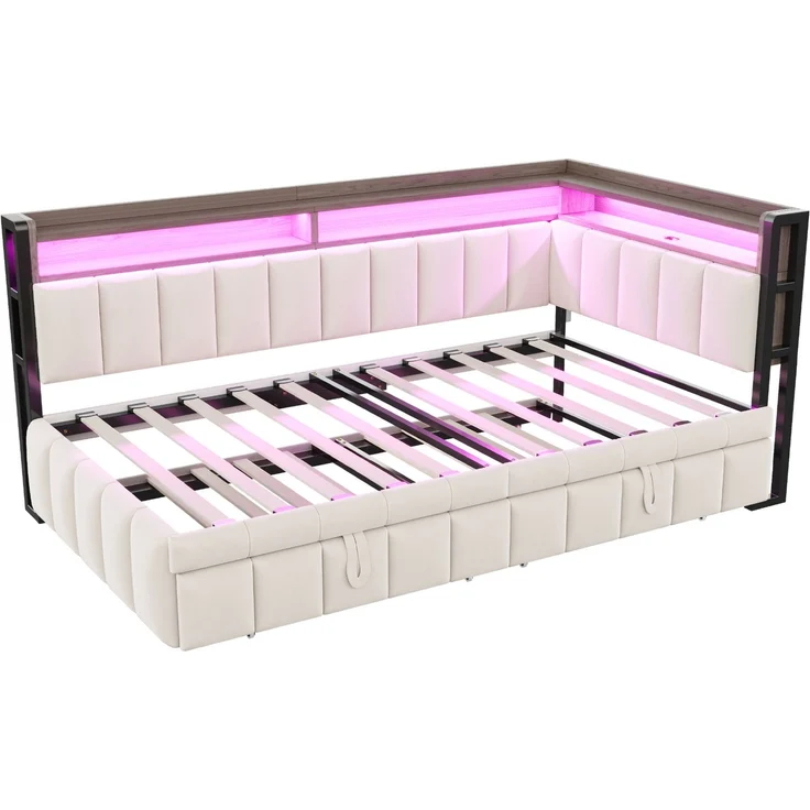 CHICFURN Bett Schlafsofa aus Samtstoff Beige 90x200 cm mit Ausziehbett, LED-Beleuchtung und USB- und Type-C-Anschlüssen – Bild 8