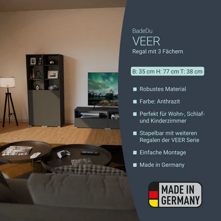 BADEDU VEER Regal 35 cm breit, Anthrazit, 3 Fächer – Bild 2