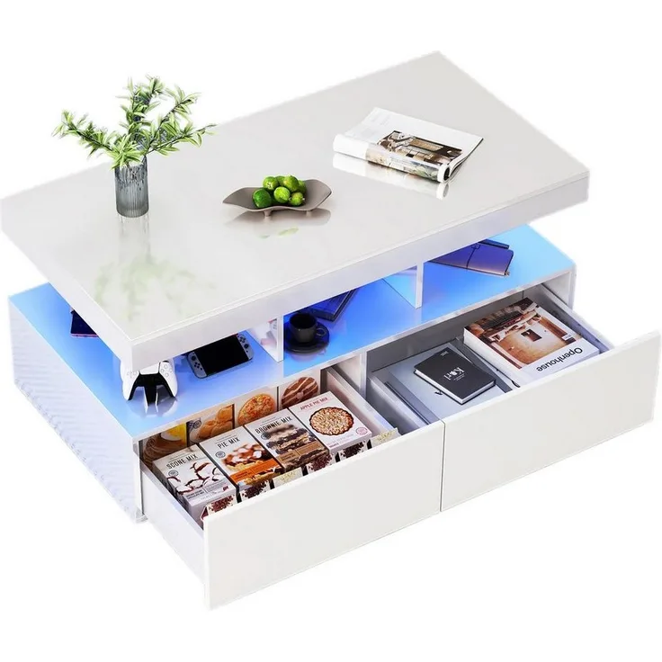 FUROKOY Couchtisch Modern Wohnzimmertisch Hochglanz (Set, 1-St, Beistelltisch mit 2 Schubladen und Offenem Ausstellungsregal), Sofatisch Kaffeetisch, 104 x 53 x 46cm, Weiß