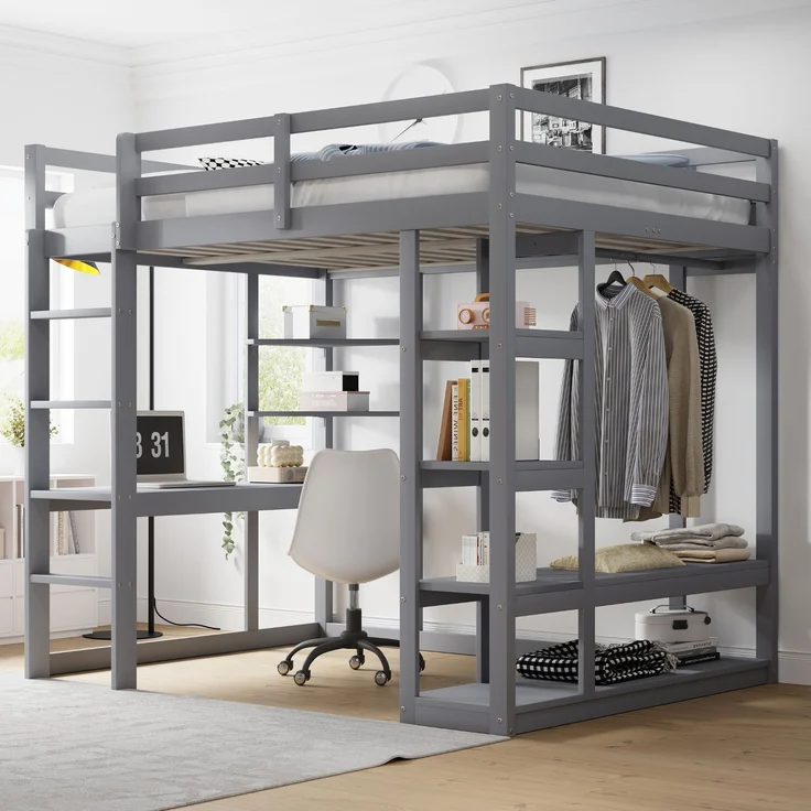 Hochbett 140x200 cm mit Schreibtisch und Stauraum,Kinder- & Jugendbett aus Massivholz,Leiter & Regale,Grau – Bild 3