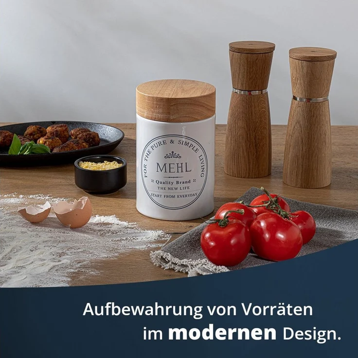KHG Vorratsdose für Mehl aus Steinzeug mit Akazienholz‑Deckel – im Landhausstil, Steingut, Aufbewahrungsdose für Mehl – schützt Aroma da luftdicht verschließbar – Bild 2