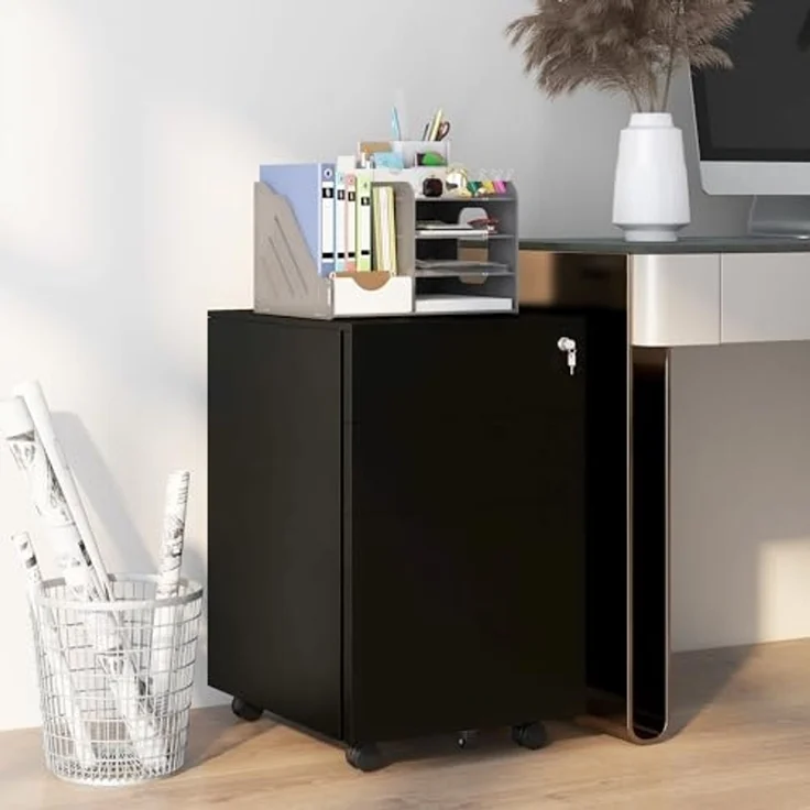 Vinsetto Rollcontainer Aktenschrank mit 3 Schubladen, Bürocontainer abschließbar, (Büroschrank, 1 St, Standcontainer), für A4-Format, Stahl, Schwarz, 37 x 43,5 x 60 cm – Bild 2