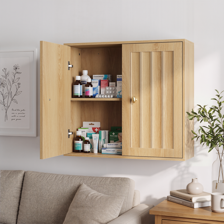 Badezimmer-Wandschrank 61,5 x 20 x 56 cm aus MDF und Spanplatte, Eiche, mit 2 Türen