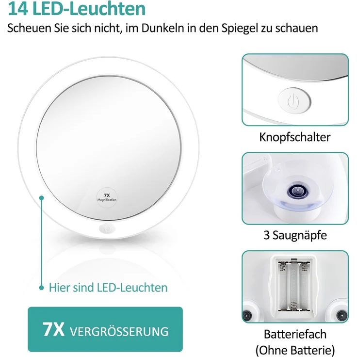 EMKE Kosmetikspiegel 7-Fach Vergrößerungsspiegel mit LED Beleuchtung Rund Schminkspiegel mit Saugnapf Rasierspiegel Weiß Wandspiegel Batteriebetrieben – Bild 3