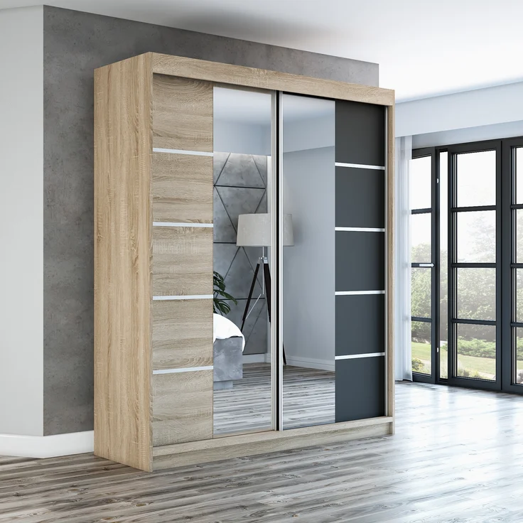 Schwebetürenschrank ERA 2-türig Schrank 180 cm (mit Spiegel) Farbe: Sonoma , schwarz – Bild 2