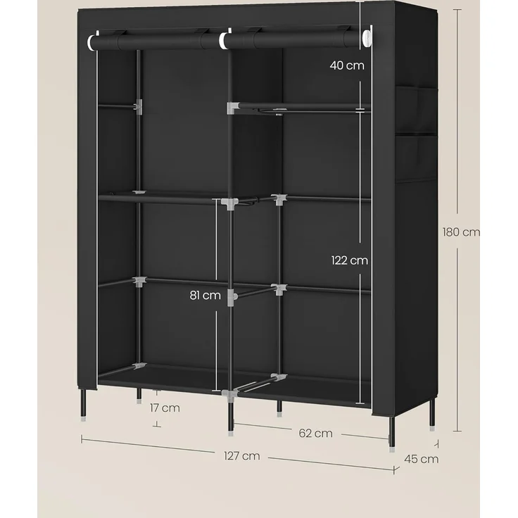 SONGMICS Stoffschrank mit Kleiderstange, Kleiderschrank mit Seitentaschen, Schrank für Schlafzimmer, 3 Hängefächer, schwarz – Bild 6