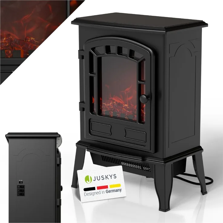 Juskys Elektrokamin 2000 W – Schwarz, elektrischer Standkamin mit Flammeneffekt, Heizfunktion, 2 Heizstufen, Thermostat & Sicherheitsabschaltung