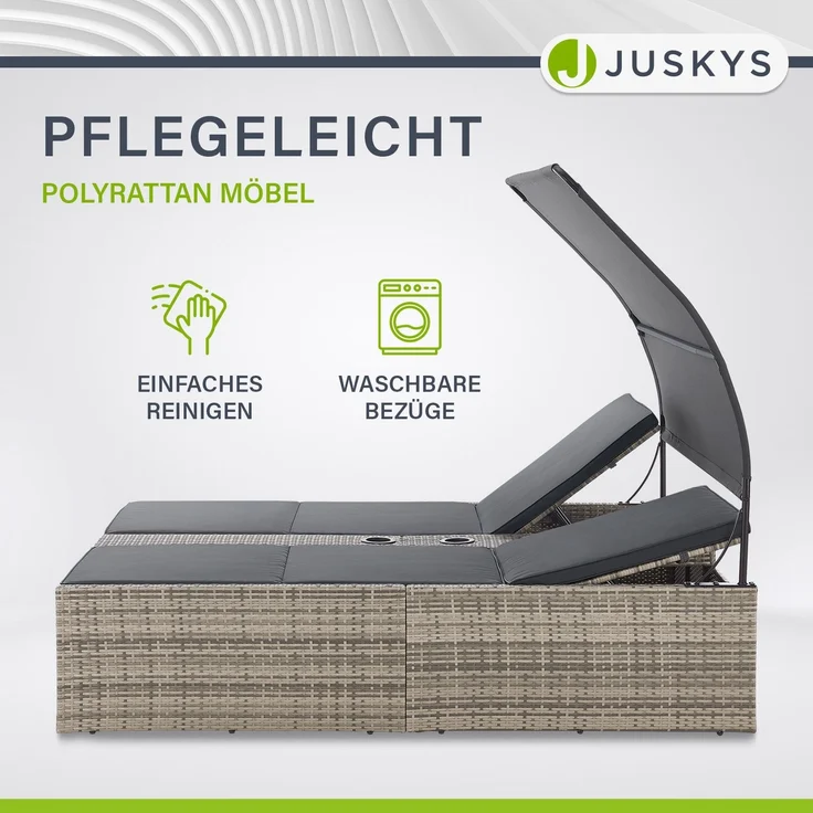 Juskys Polyrattan Doppelliege Syros - Garten Sonnenliege für 2 Personen - Outdoor Liege mit Dach & Auflagen - Kopfteil verstellbar - Grau-meliert – Bild 6