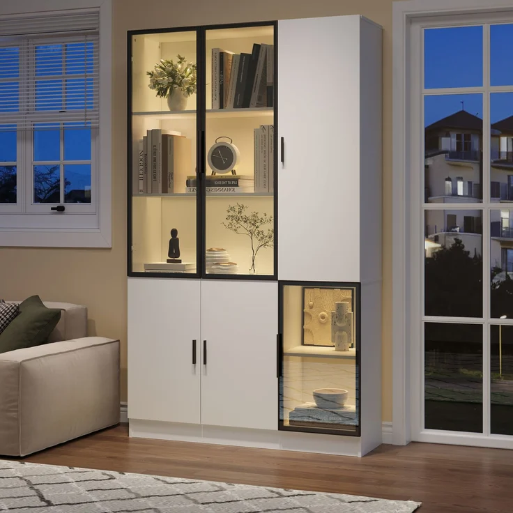 N625P3142394041W,Glasvitrine Glasschrank Tür 200cm hoch Vitrinenschrank mit LED Lichtern,MultiStorage Bücherregal für Sammlung Schlafzimmer Wohnzimmer Büro,Schrank mit Glastür mit Aluminiumrahmen – Bild 2