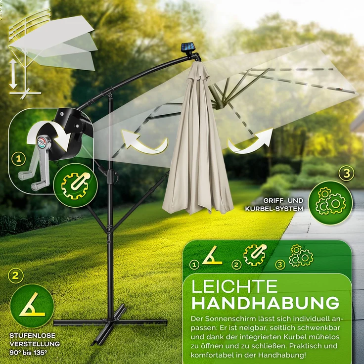 tillvex® Alu Sonnenschirm Rechteckig Ø 330 cm mit LED Solar Beige + Abdeckung mit Kurbel | Ampelschirm mit Ständer & Windschutz | Gartenschirm UV-Schutz, wasserdicht, 360° drehbar | Kurbelschirm Marktschirm – Bild 5