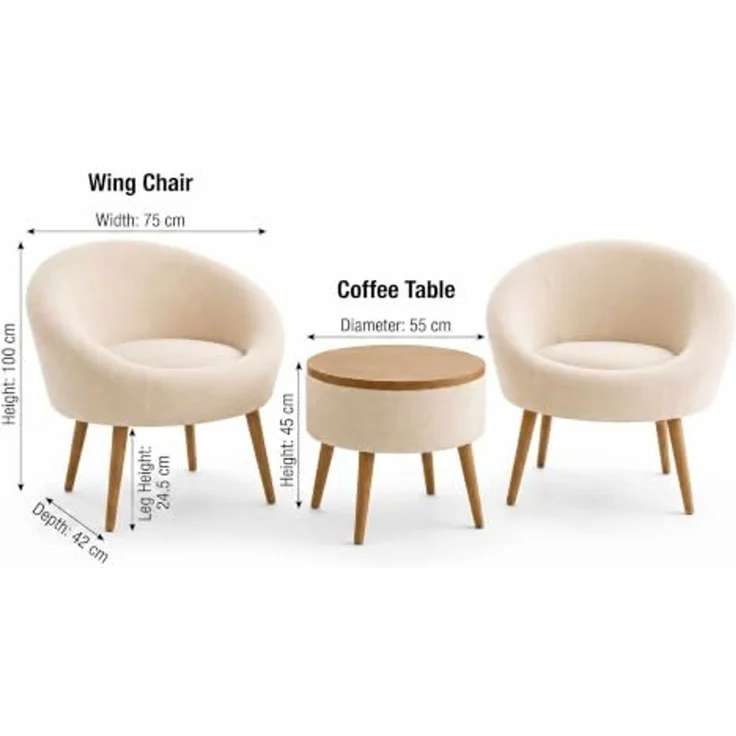 Hanah Home Elegantes Ohrensessel- und Couchtisch-Set (3-teilig), Creme, 100% Leinen und Esche | 18 mm melaminbeschichtet | Moderner Komfort – Bild 3