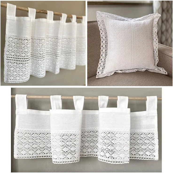 heimtexland Scheibengardine Deko Set Häkelspitze Gardine Kissen Tischdecke, Schlaufen (1 St), blickdicht, Boho Scheibengardine Makramee Spitze Häkel Bistrogardine