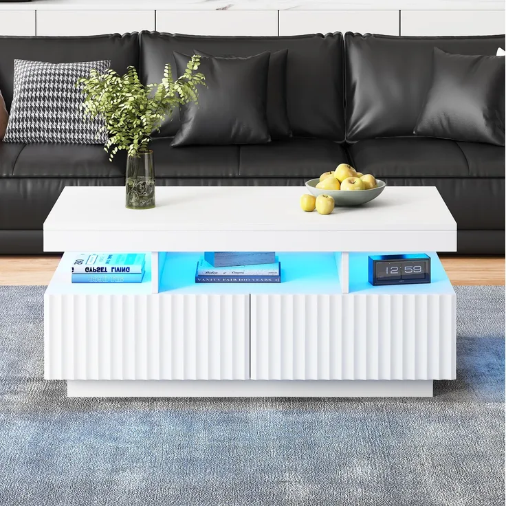 DESVIAE Couchtisch mit 2 Schubladen und LED-Beleuchtung 100x45x50 cm Spanplatte Weiß