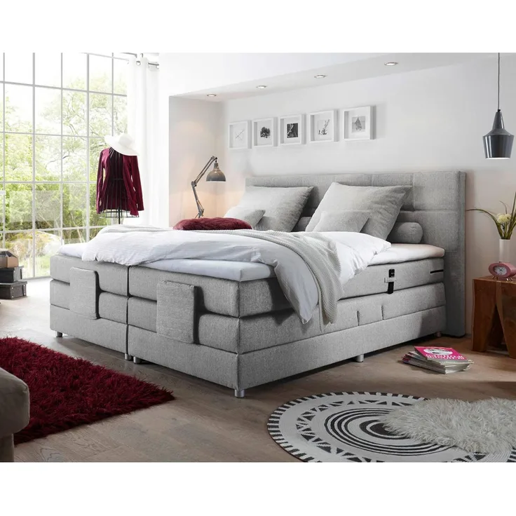 Boxspringbett Hotelbett Doppelbett MANAUS-09 in silber, Komfort Topper, 180x200 cm, H3/H4, elektrisch verstellbar, Taschenfederkern-Matratze