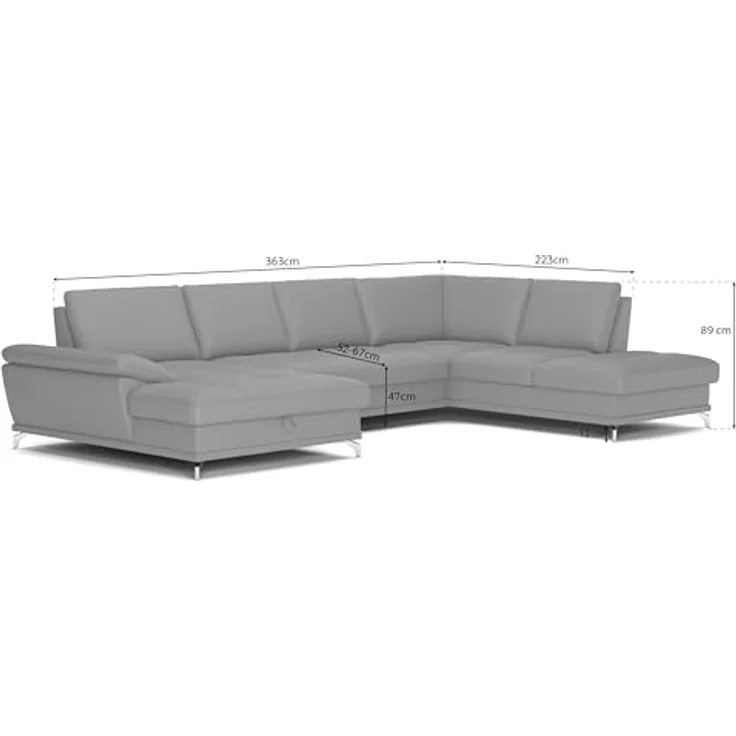 Cavadore Wohnlandschaft Castiel mit Federkern / Sofalandschaft mit XL-Longchair, Sitztiefenverstellung, Kopfstützen und satinierten Metallfüßen / 363x89-104x223 / Echtleder, Schwarz – Bild 4