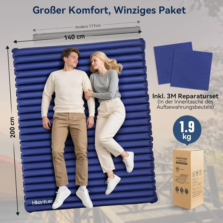 Isomatte Doppel Ultraleicht Aufblasbar Navyblau 140x200cm Mit Pumpsack – Bild 5