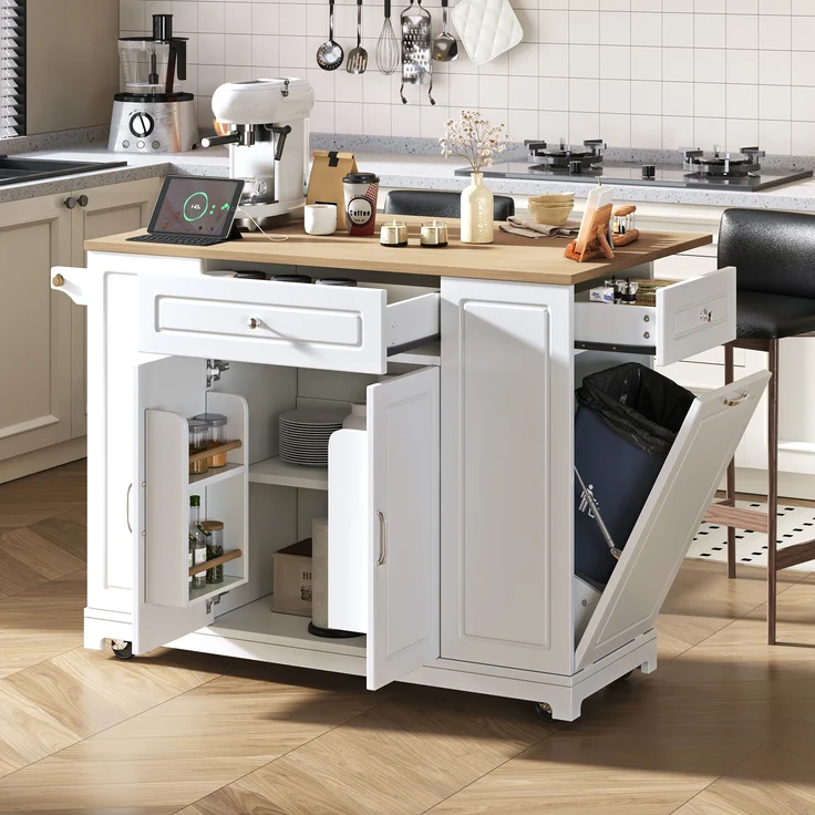 Kücheninsel mit Rollen,Ausziehbarer Essbereich Kücheninsel mit Multifunktionsschubladen und Abfallbehälterfach Mobile Kücheninsel Ideal für Küche und Esszimmer,Weiß, – Bild 1