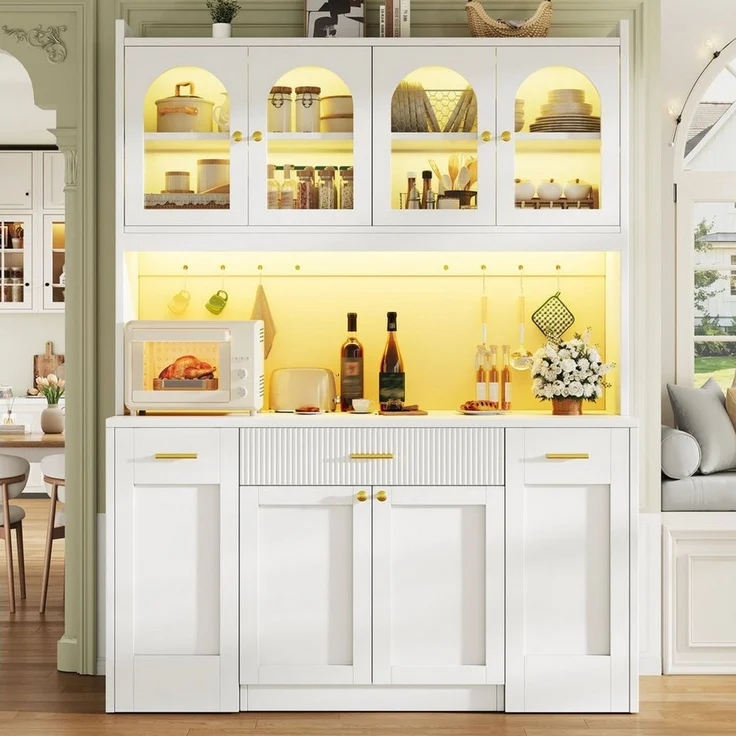 Odikalo Küchenbuffet Küchenschrank Buffetschrank mit LED Schublade und Roll-Ablagen (Hochküchenschrank 120cm mit RGB-LED, App-Steuerung, 3 Glasvitrinen, Schubkästen & beidseitigen Roll-Ablagen) 120*40*187cm(L x B x H) – Bild 3