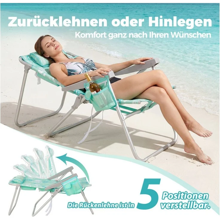 HOMECALL Klappstuhl Strandstuhl Leicht Klappbar Camping, 5-fach verstellbare Rückenlehne (Bis150KG Aluminiumrahmen, groBe Kuhitasche und Aufbewahrungstasche, 2 St), Seitentaschen, Kopfstütze, Schultergurten, Handtuchhalter – Bild 3