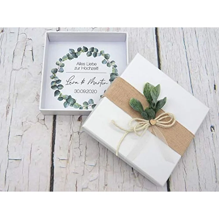 ZauberDeko Geschenkbox Geldgeschenk Verpacken MIT NAME Geschenk Hochzeit Herz Weiß Eukalyptus – Bild 6