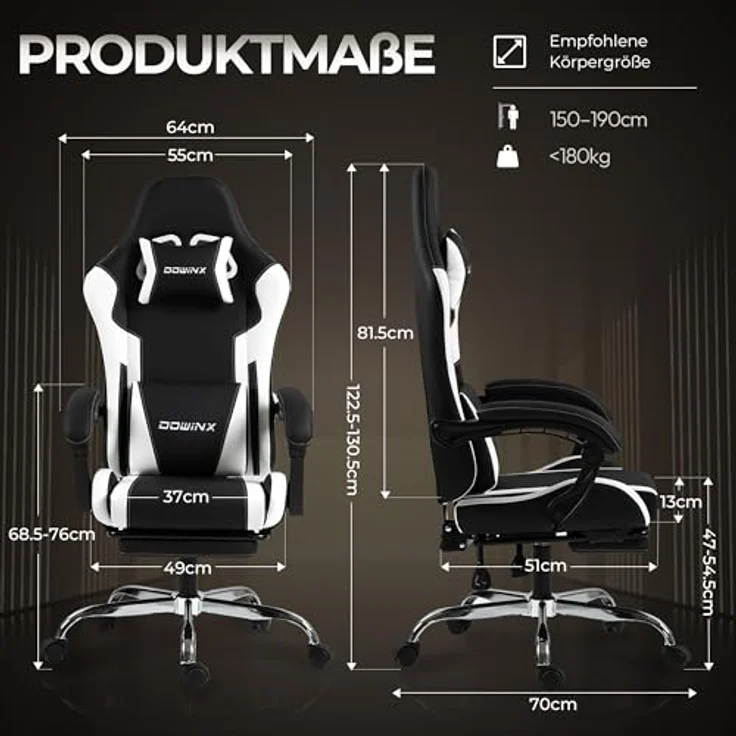 Dowinx Gaming Stuhl, Ergonomischer Gamer Stuhl für Büro und Home Office, Verstellbarer Bürostuhl mit Rückenlehne bis 150°, mit Fußstütze, Belastbar bis 180 kg, Weiß – Bild 3