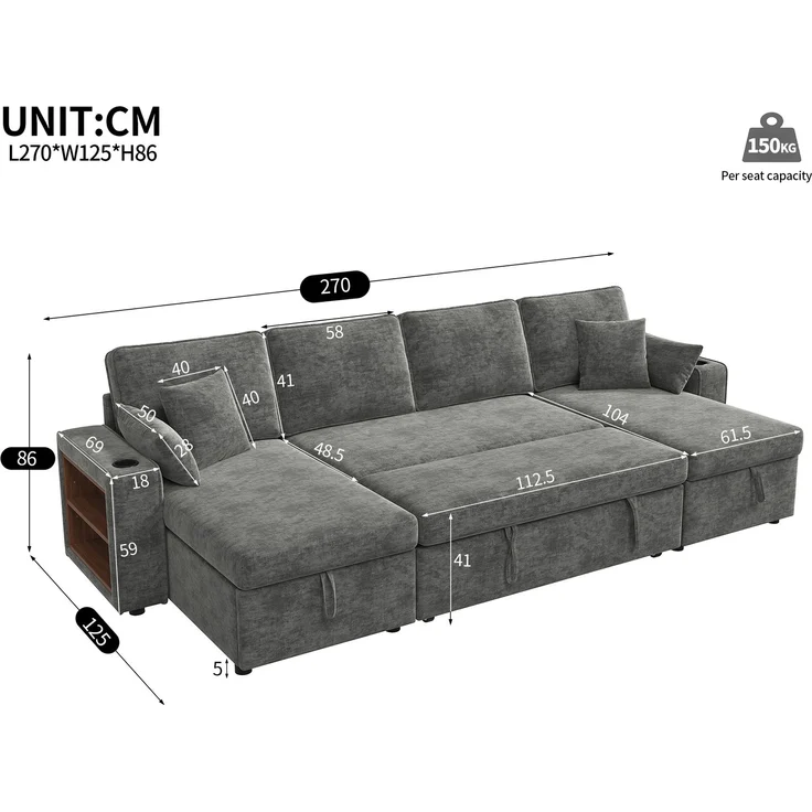 ZUBALIYA Schlafsofa, mit Stauraum, mit USB-C-Anschluss, mit Schlaffunktion, modular kombinierbar, mit Getränkehaltern, H 86 × T 270 × B 125 cm, Grau, Chenille – Bild 11