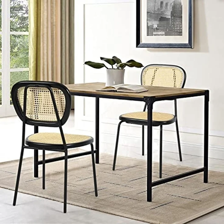 39F FURNITURE DREAM Set mit 2 skandinavischen Esszimmerstühlen aus natürlichem Rattan, Gestell aus schwarzem Metall, Faul, Natur, 45 x 51 x 84 cm – Bild 2