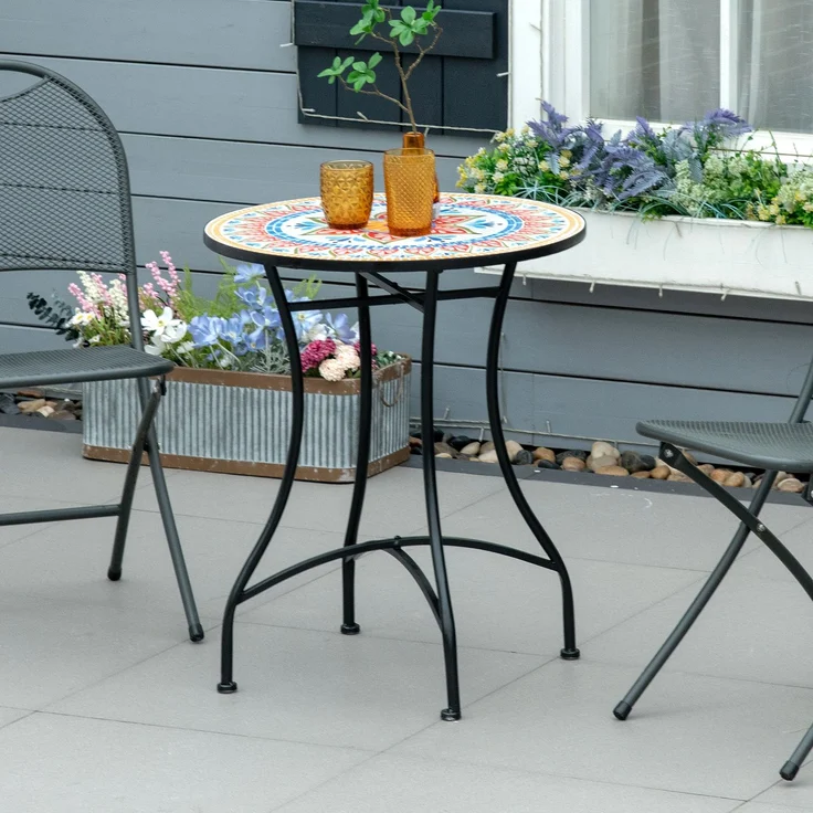 Gartentisch Mosaiktisch rund Bistrotisch Beistelltisch mit Mosaikplatte Keramik Metall Rot+Blau+Weiß Ø60 cm--Netz--60x60x71cm--YOUDENOVA – Bild 2