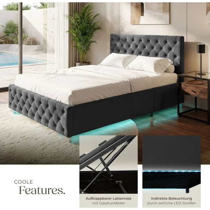 tectake Polsterbett Komfortbett mit LED-Leisten & Stauraum - Samtoptik mit Steppmuster (Bettset, in Samtoptik Schwarz), stabiler Stahlrahmen, Belastbarkeit 200 kg – Bild 3