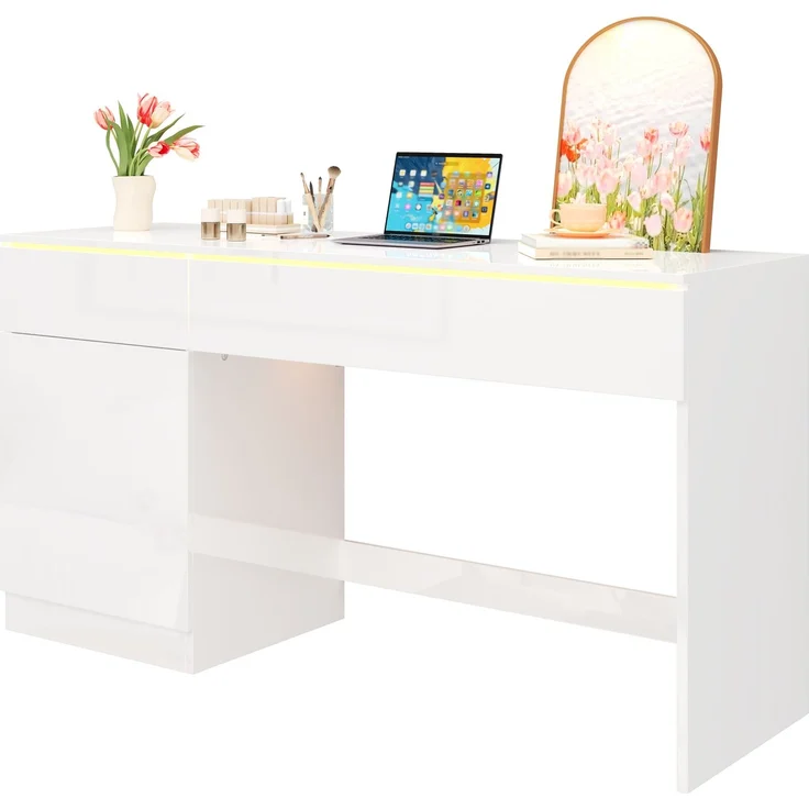 ZUBALIYA Hochglanz Schreibtisch 120 x 50 cm mit LED-Beleuchtung, 2 Schubladen & 1 Tür, großer Computertisch und Schminktisch, Moderner Arbeitsplatz für Homeoffice und Schlafzimmer – Bild 8