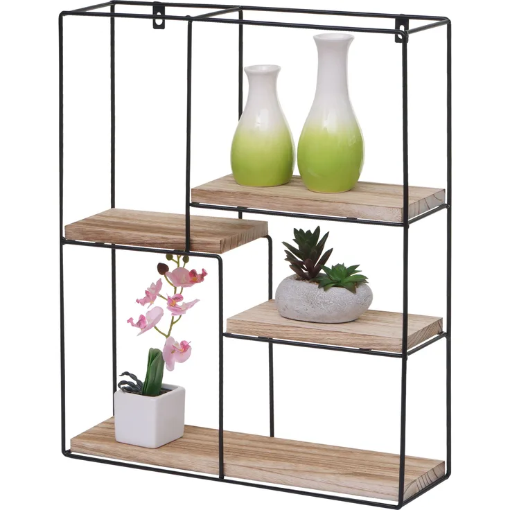 Wandregal HWC-K76, Hängeregal Schweberegal Regal, 4 Regalböden Metall Massiv-Holz Industrial 51x40x11cm ~ natur