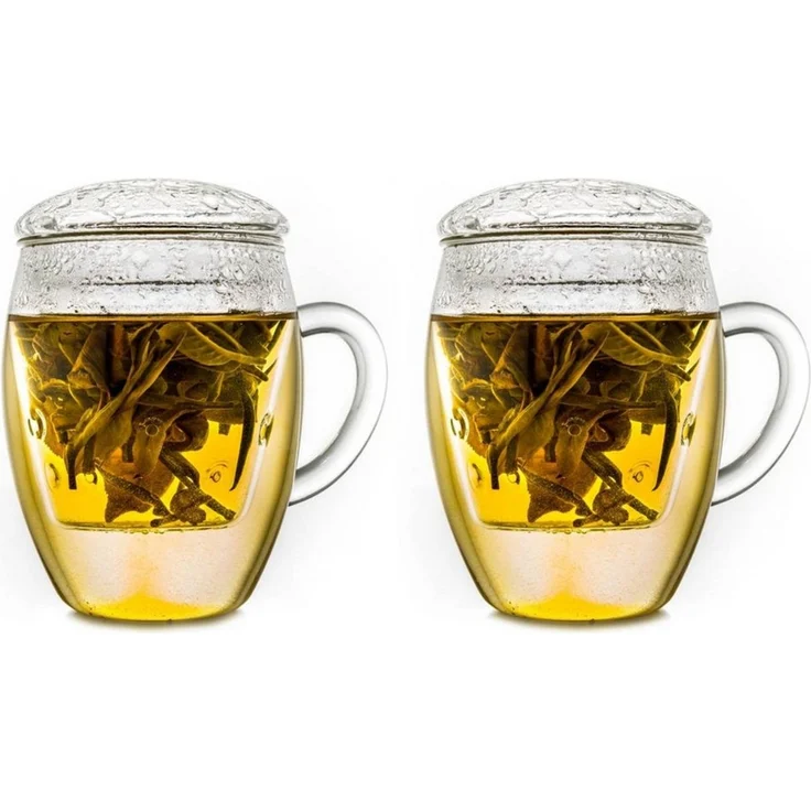 Creano Teeglas 2er-Set "All in One" TeeGläser mit Glasfilter und Deckel, 400ml, Borosilikatglas, 2 Tassen mit Untertassen – Bild 1