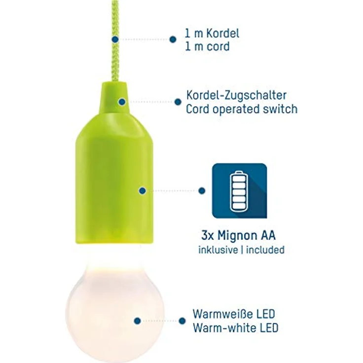 HyCell Pull Light, tragbare LED Lampe in grün mit Zugschalter, inkl. AAA Batterien, warmweiß, ideal für Garten, Camping und Partydekoration – Bild 2