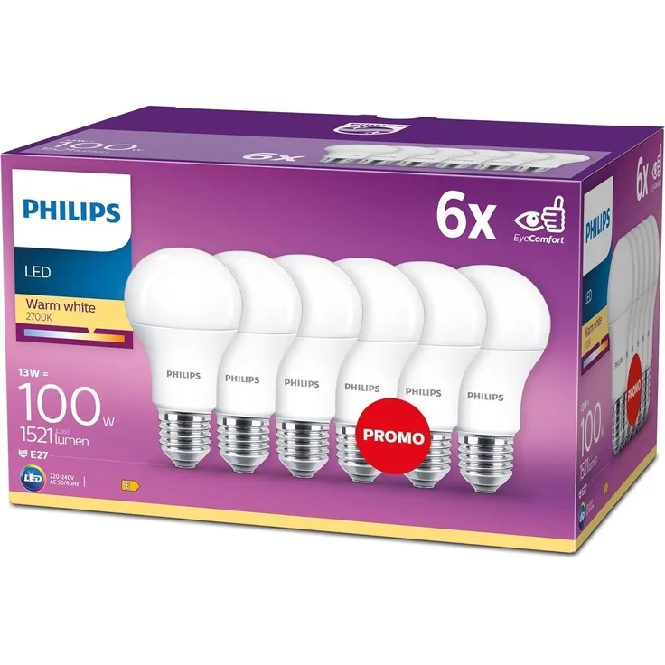 Philips LED Classic E27 Lampen 6-er Pack (100 W), matte LED Lampen mit warmweißem Licht, energiesparende Lampen mit langer Nutzlebensdauer, alte Generation