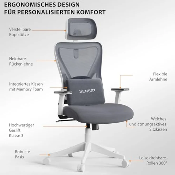 SENSE7 Tone Bürostuhl Ergonomisch, Schreibtischstuhl mit Dynamischer Lordosenstütze, Verstellbarer Kopfstütze, Atmungsaktivem Netzrücken, Komfortabler Office Chair für Büro, Home Office, Gaming – Bild 5