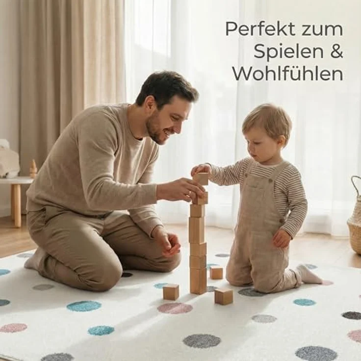 Jimri Kinderteppich DOTS l Pünktchen Gepunktet | Farbe: Beige Blau Rosa | Kinderzimmer/Jugendzimmer (Weiß, 160x230 cm) – Bild 5