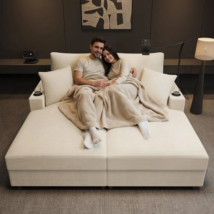 Merax Schlafsofa XXL-Doppelsofa mit Schlaffunktion und USB-Anschluss, Doppelschlafsofa für Wohnzimmer, Schlafzimmer und Heimkino 1 Teile, Relaxsofa Sofa mit 360° Handyhalterung, Getränkehaltern & Kissen – Bild 5